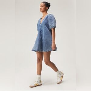 Nasty Gal Blue Denim Puff Sleeve V-Neck Smocked Swing Dress